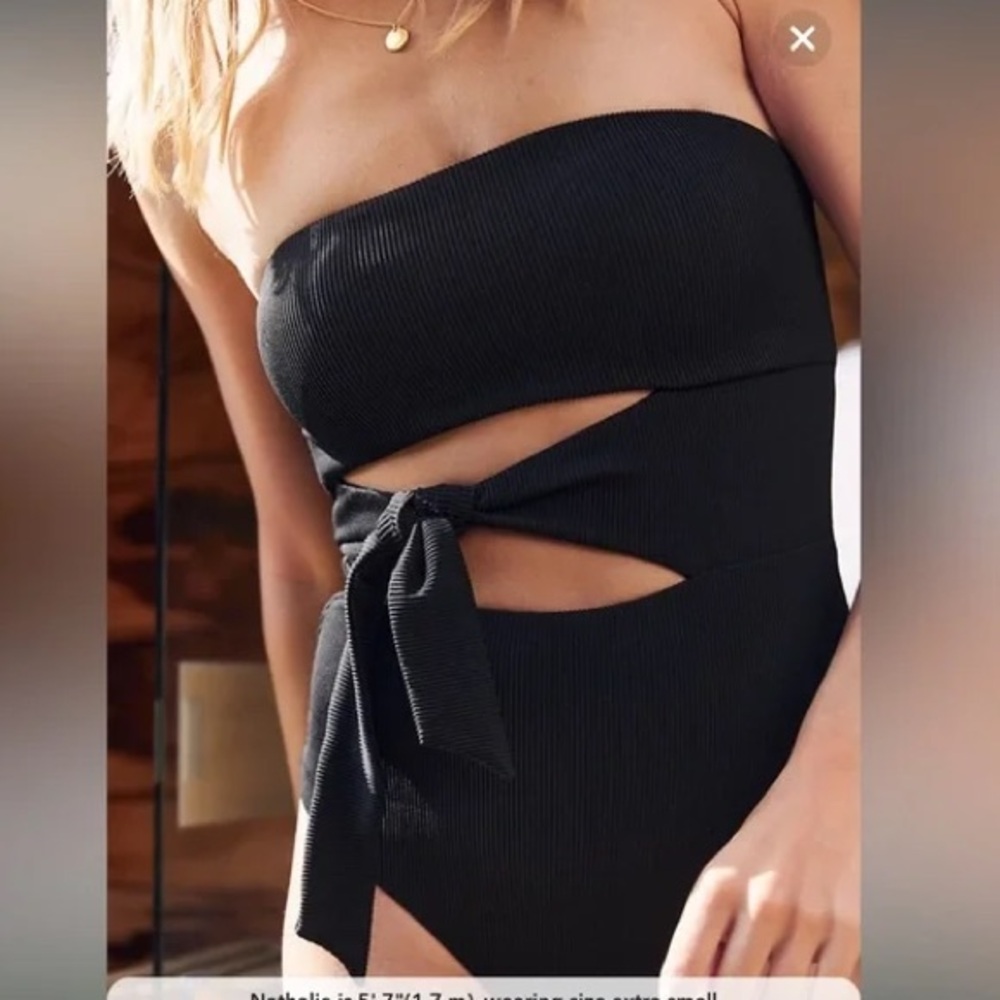 Aerie Black Ribbed Wrap Strapless One Piece Swimsuit